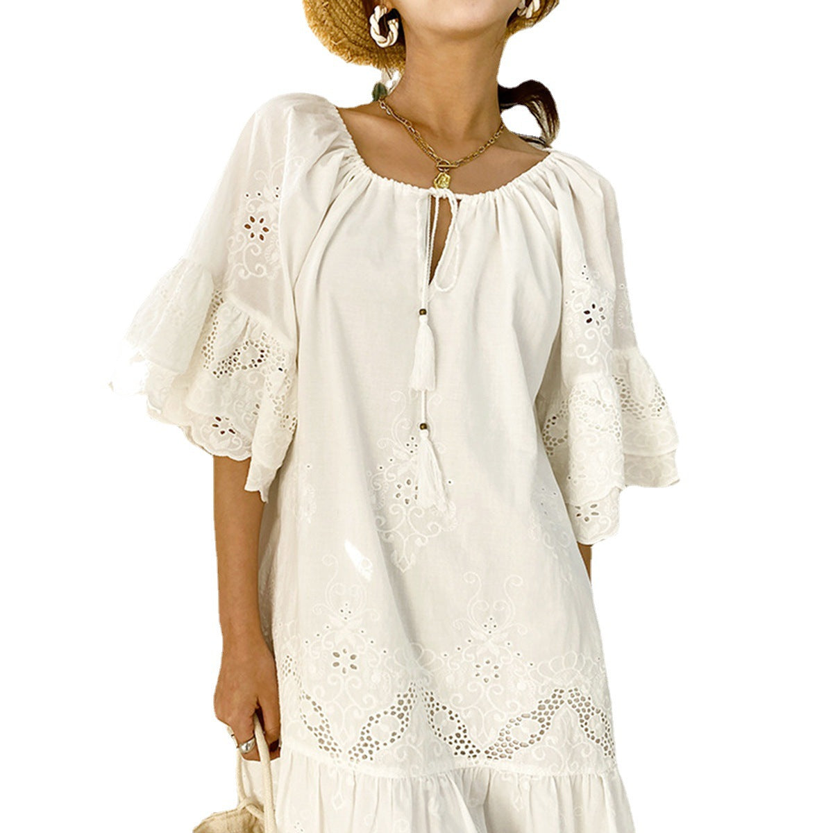 Pure Color Cotton Loose Waist White Lace Skirts