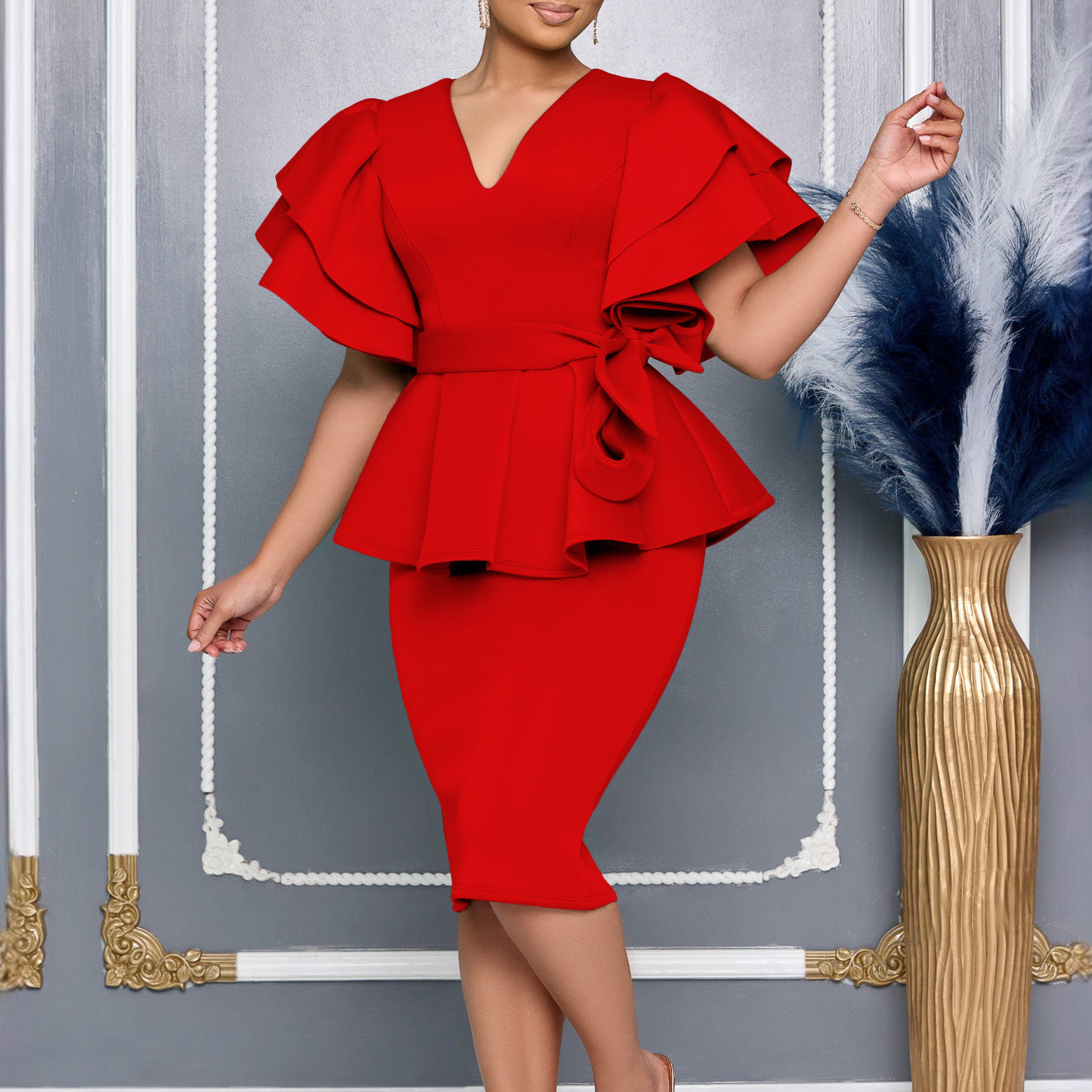 Fashionable Elegant Flounced Solid Color Sheath Dress