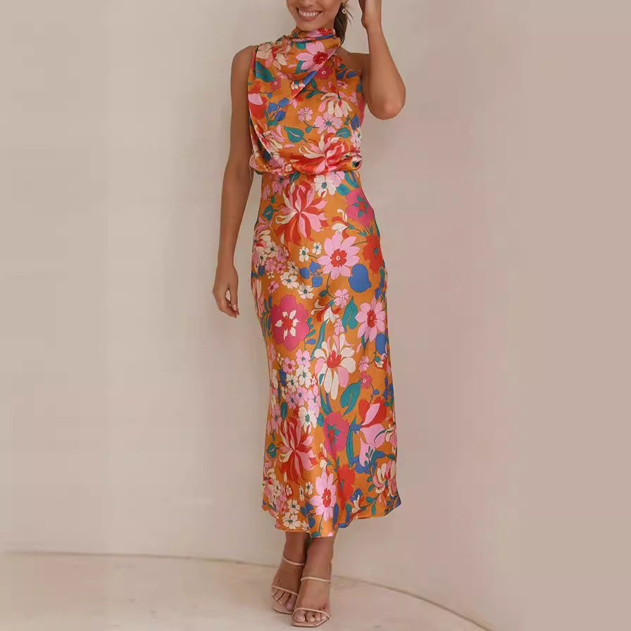 Women's Mature Elegant Sleeveless Strap Printing Satin Dresses