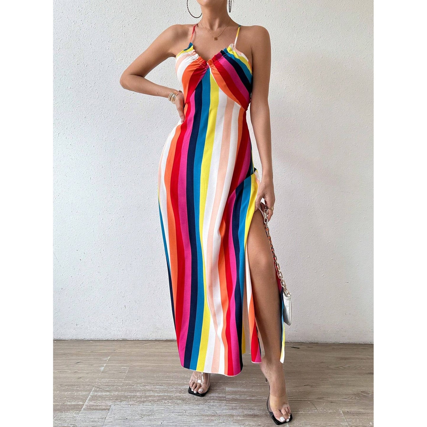Women's Suspenders Printed Beach Slit High Waist Dress