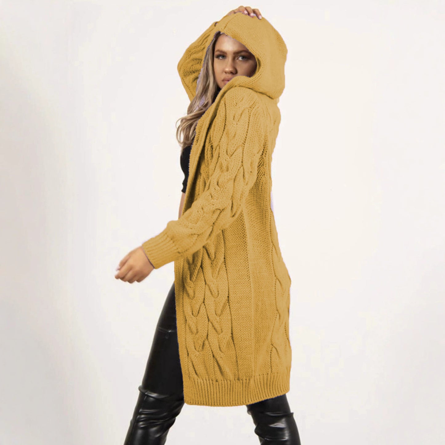 Women's Twist Braid Idle Style Hooded Mid-length Women's Sweater