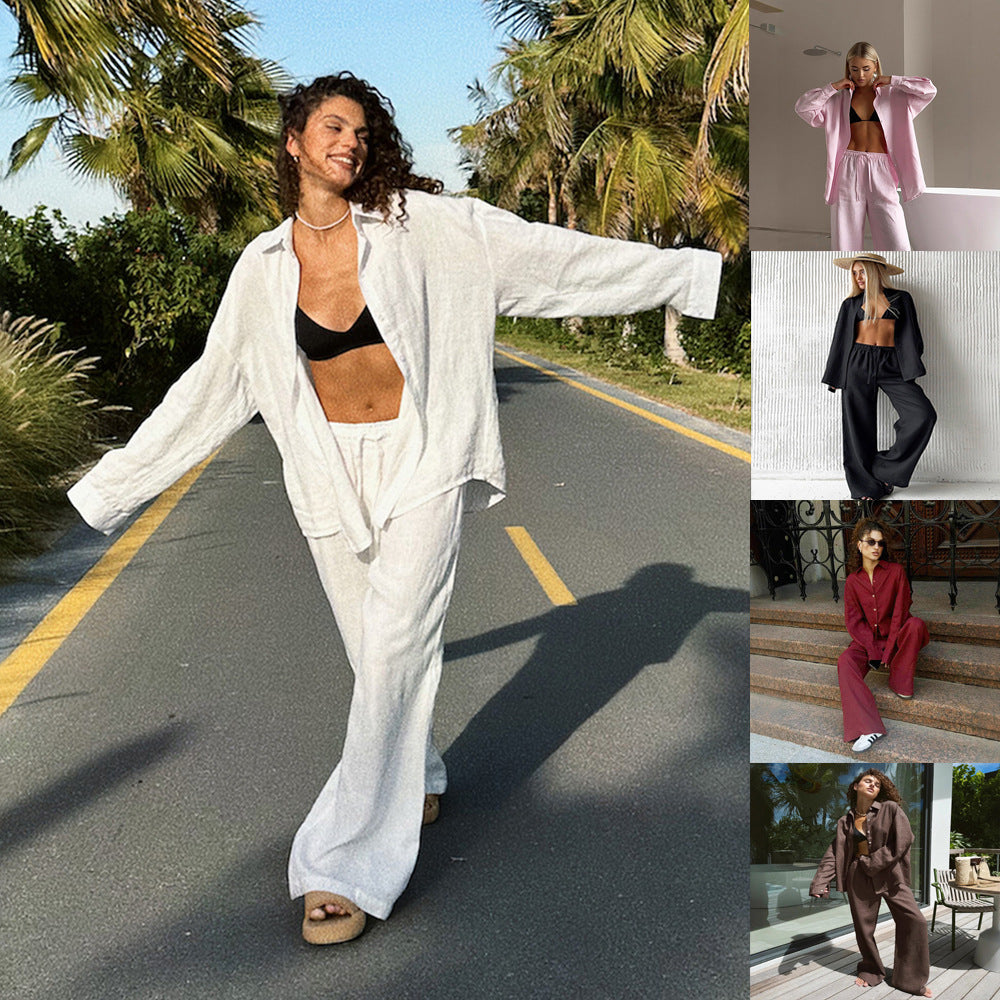 Women's Loose Long-sleeved Shirt Trousers Two-piece Fashion Casual Suit