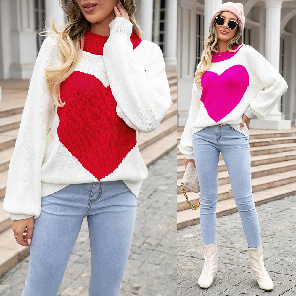 Women's Big Love Valentine's Day Peach Heart Round Neck Sweater