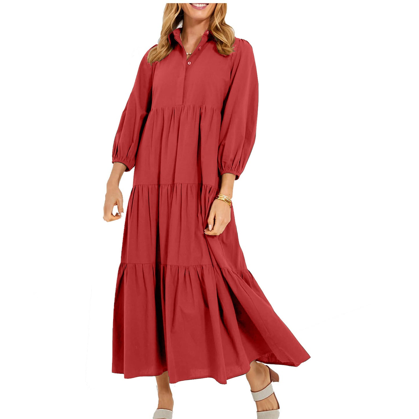 Women's Button Lapel Long Fashion Pullover High Waist Casual Solid Dress