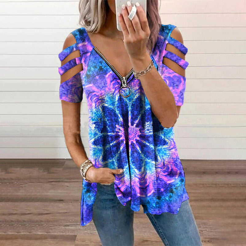 Women's Collar Zipper Pullover Sleeve Loose T-shirt Blouses
