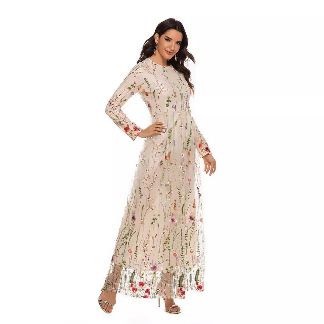 Fashion Embroidered Dress Sweet Flowers Lace Long Dresses
