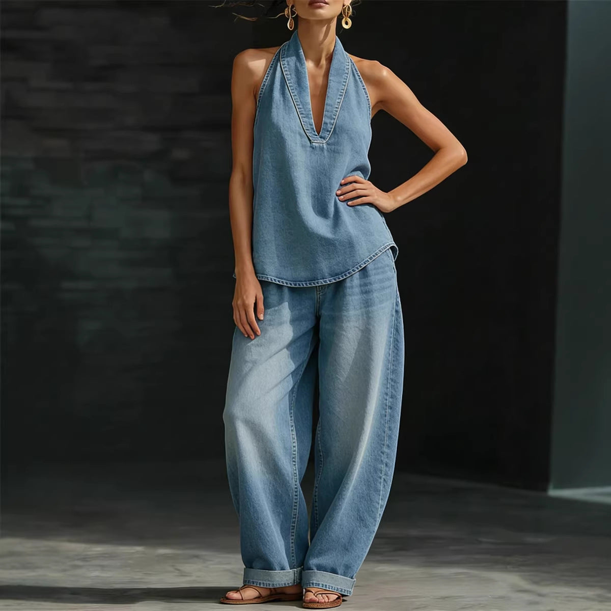Women's Autumn Lapel Retro Buckle Denim Wide Fashion Casual Suit