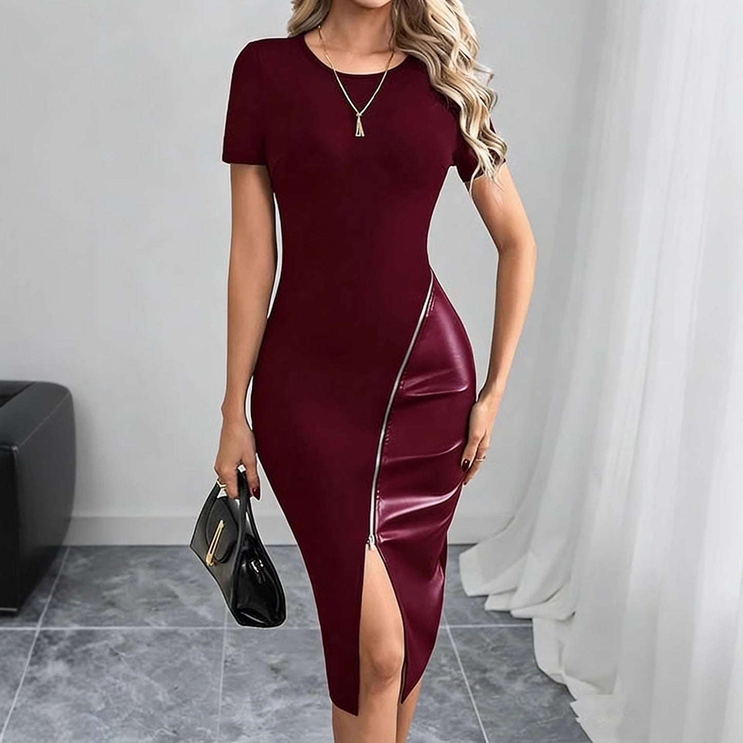 Women's Elegant Leather Zipped Round Neck Short-sleeved Dress