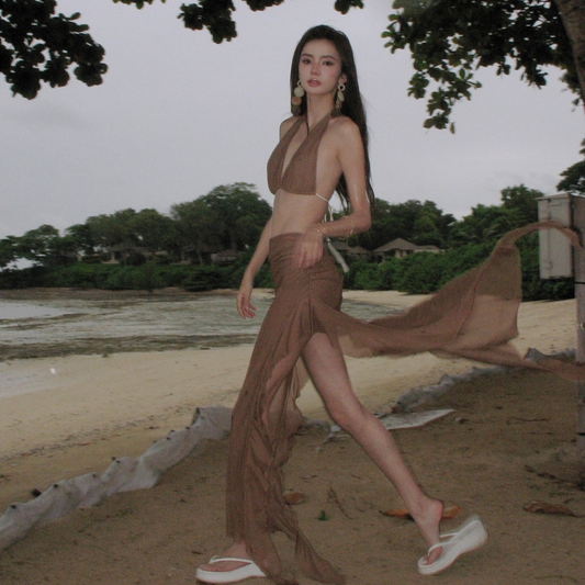 Hot Strap Backless Pattern Lace Two-piece Suits