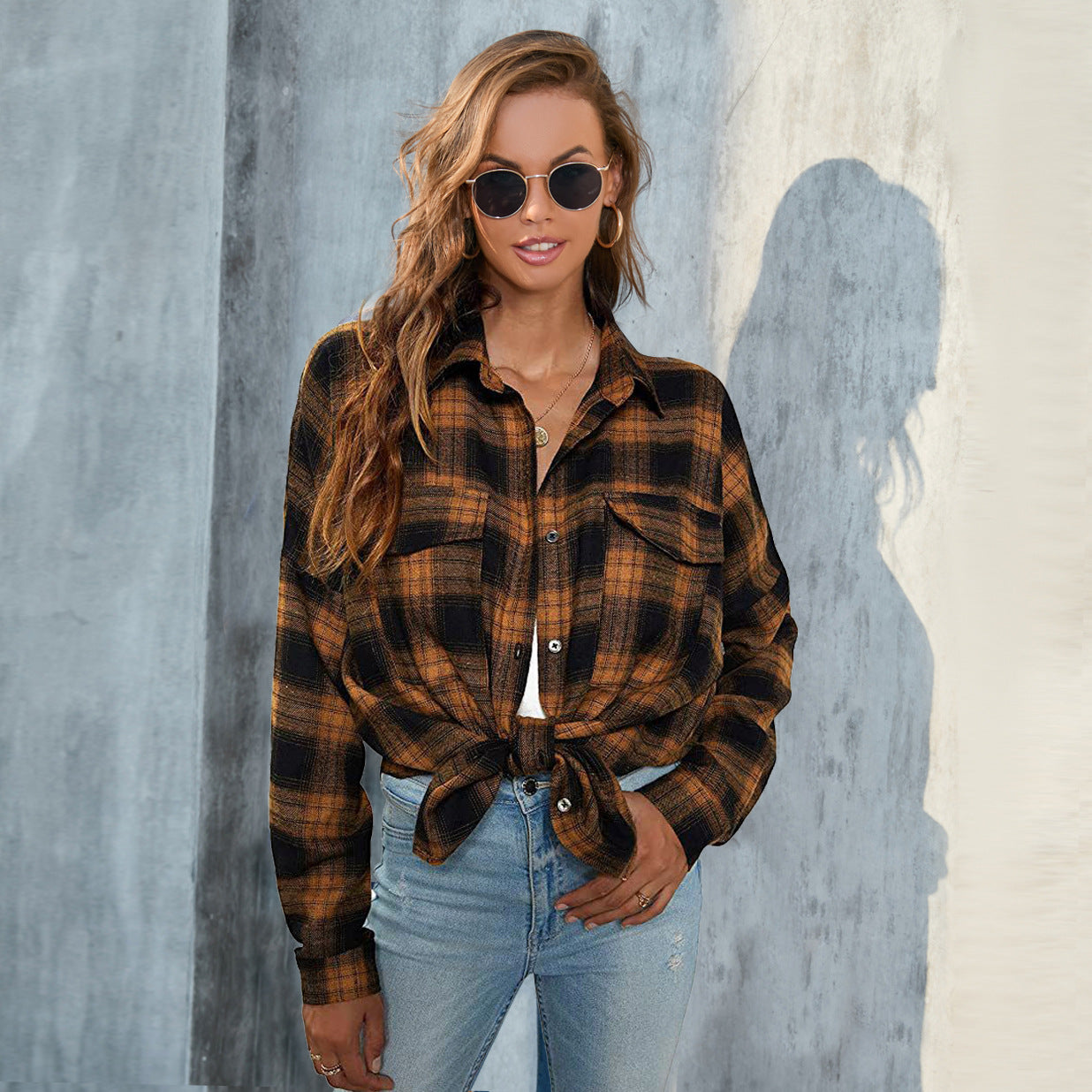 Women's Large Long-sleeved Plaid Button Shirt With Blouses