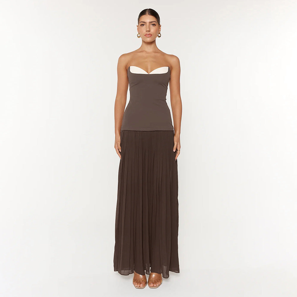 Women's French Ruffled White Coffee Color Matching Dresses