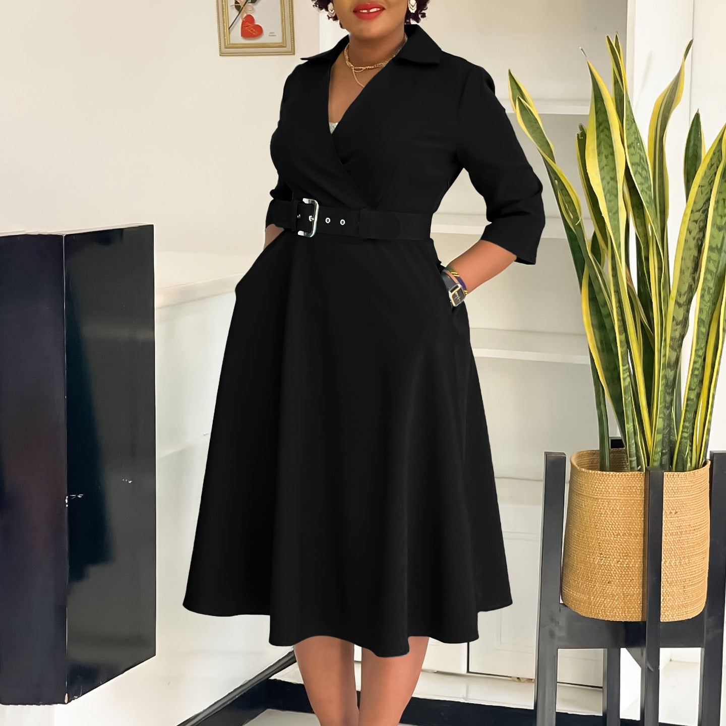 Women's Autumn Lapel Fashion Temperament Pure Color Big Dress