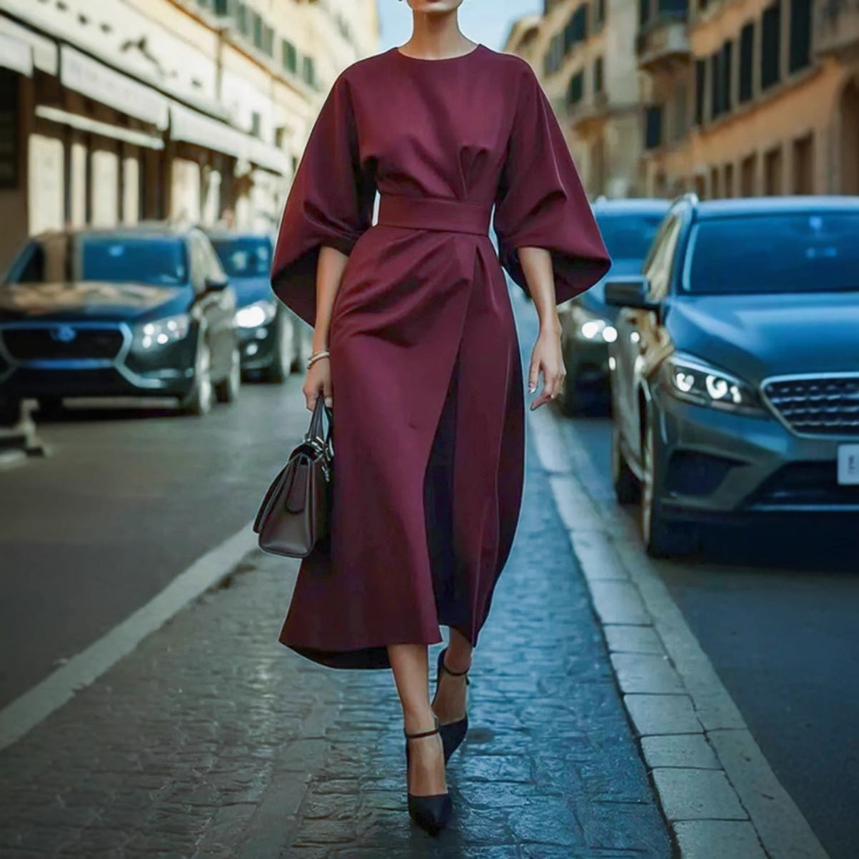 Women's Fashion Elegant Solid Color Waist Tight Casual Dolman Sleeve Dress