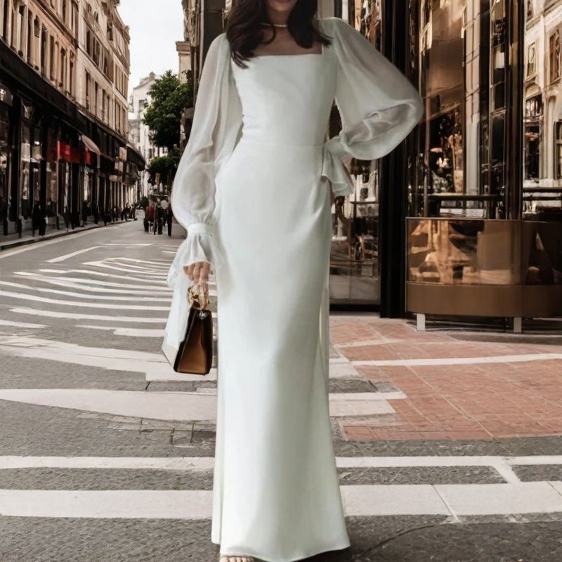 Style Temperament Square Collar Stitching Mesh Micro Transparent Dresses