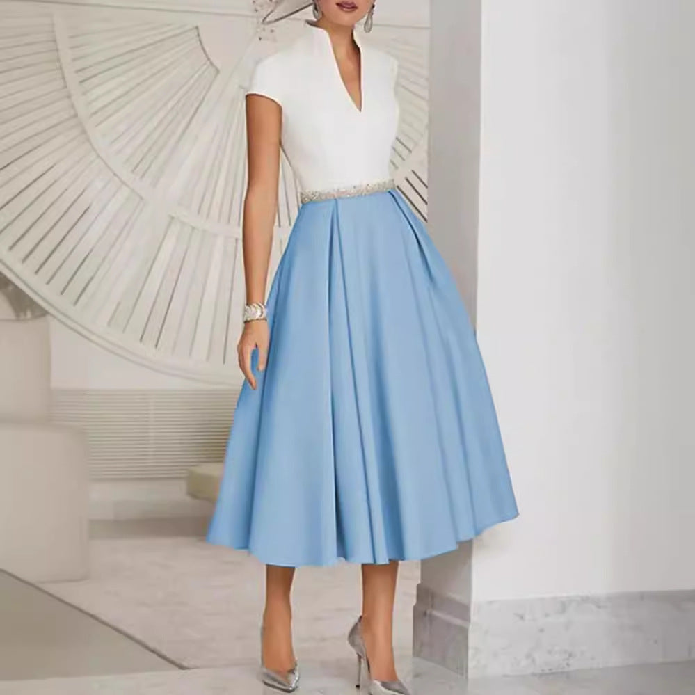 Women's A- Line Fashion White V Neck Large Dress