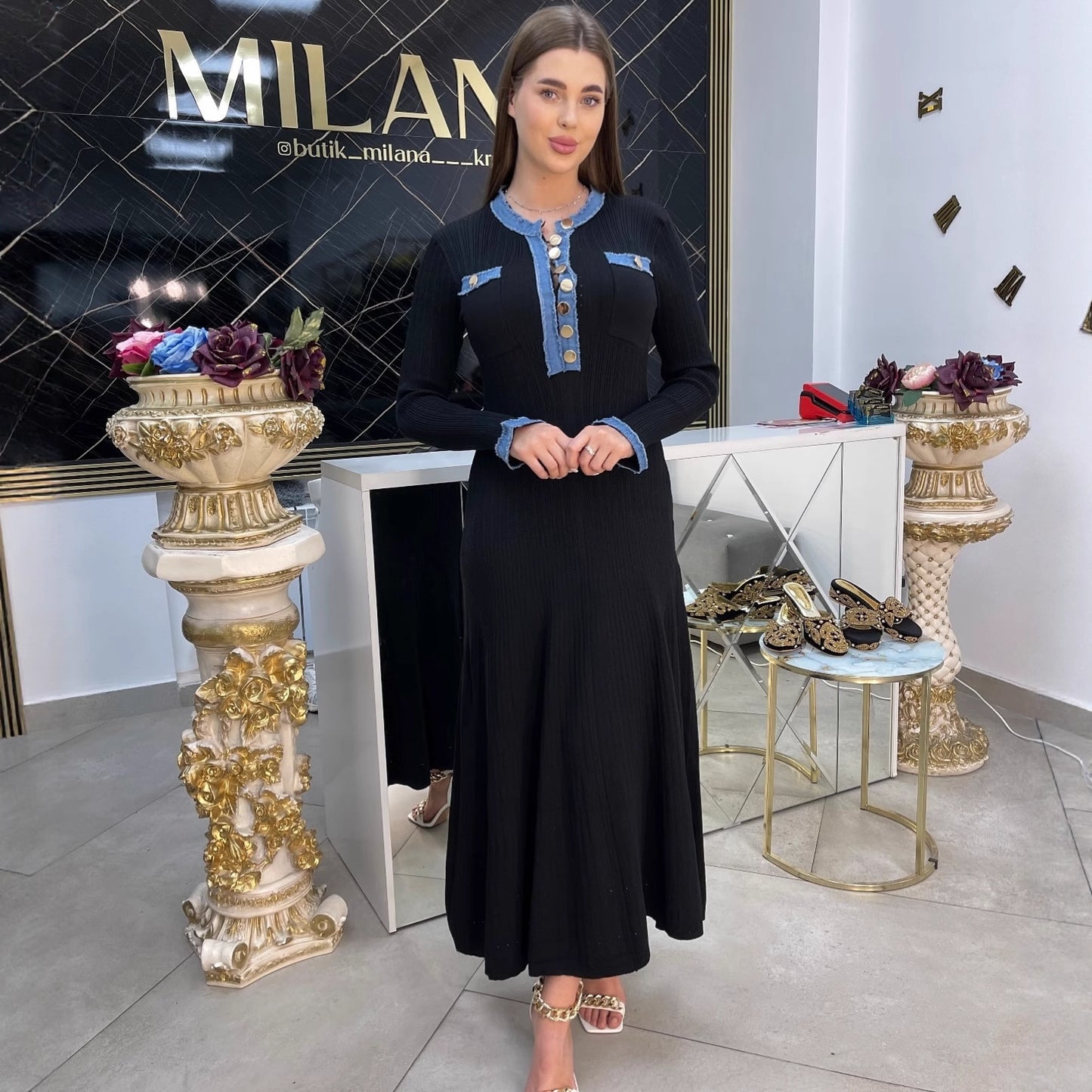 Denim Long-sleeved Knitted Simple Round Neck Slimming Dress