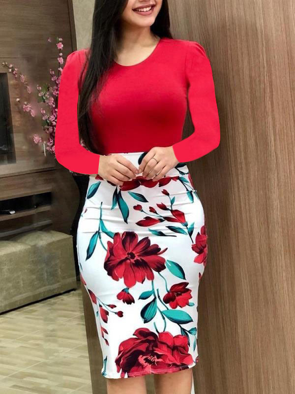 Unique Women's Autumn Flower Sheath Large Clothing