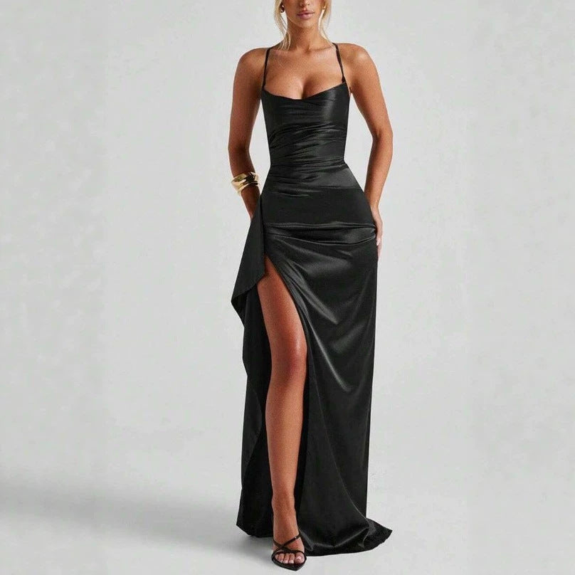 Women's Summer Solid Color Sleeveless Shoulder Strap Satin Dress