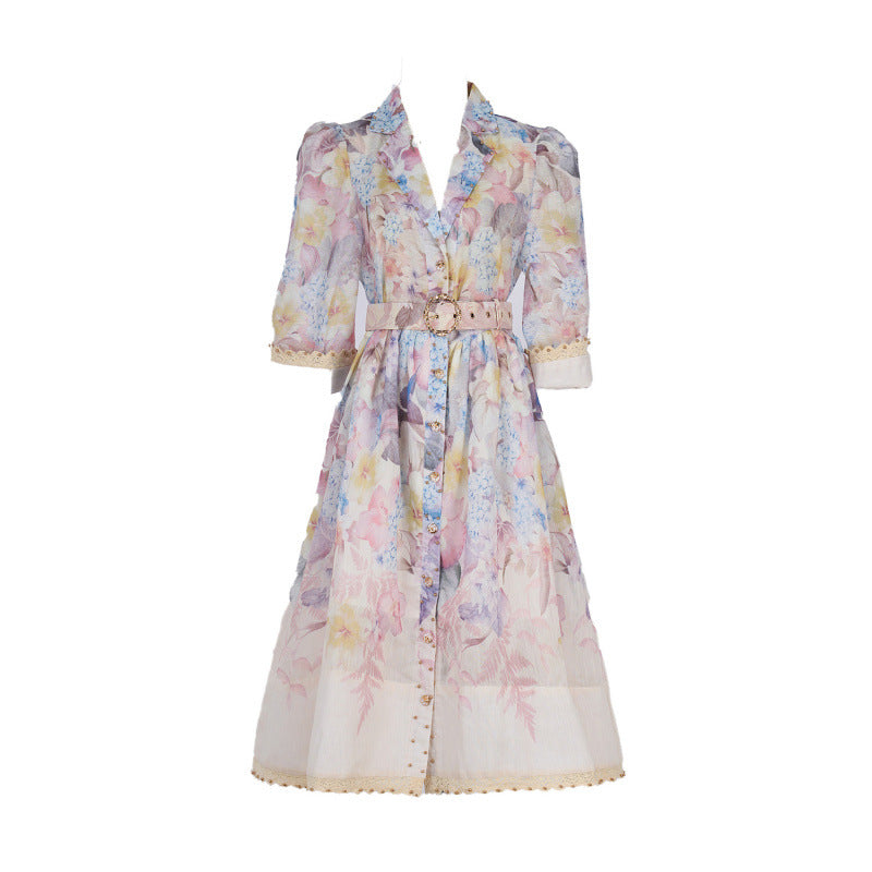 Women's Collar Sleeve Single-breasted Printed Elegant Dress Dresses