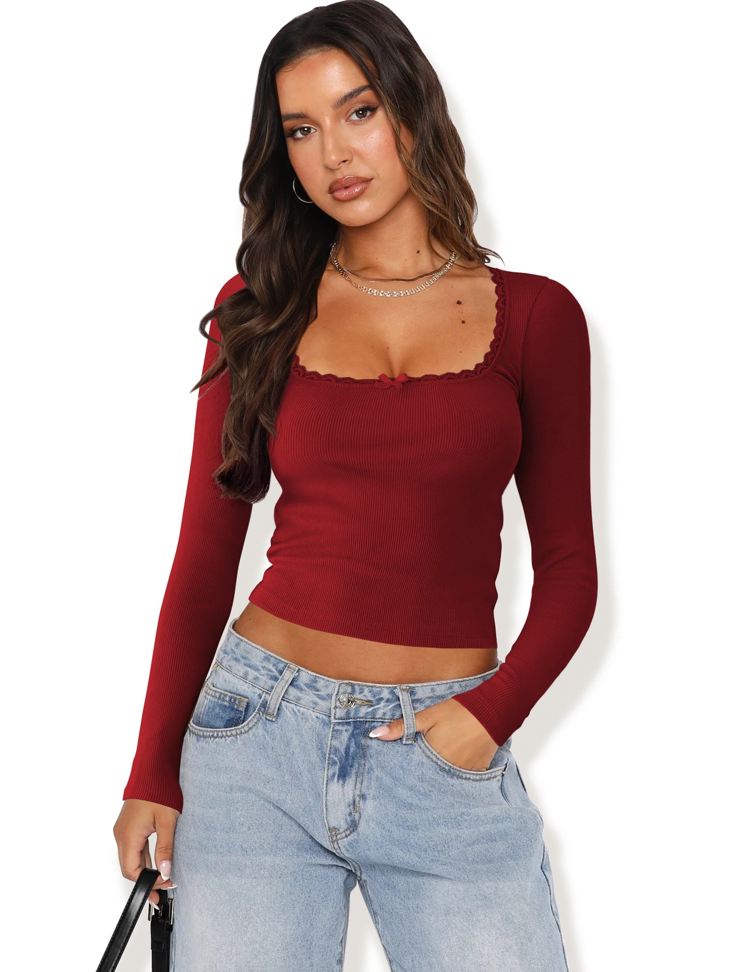 Women's Long-sleeved T-shirt Fashion Slimming Slim Lace Stitching Blouses