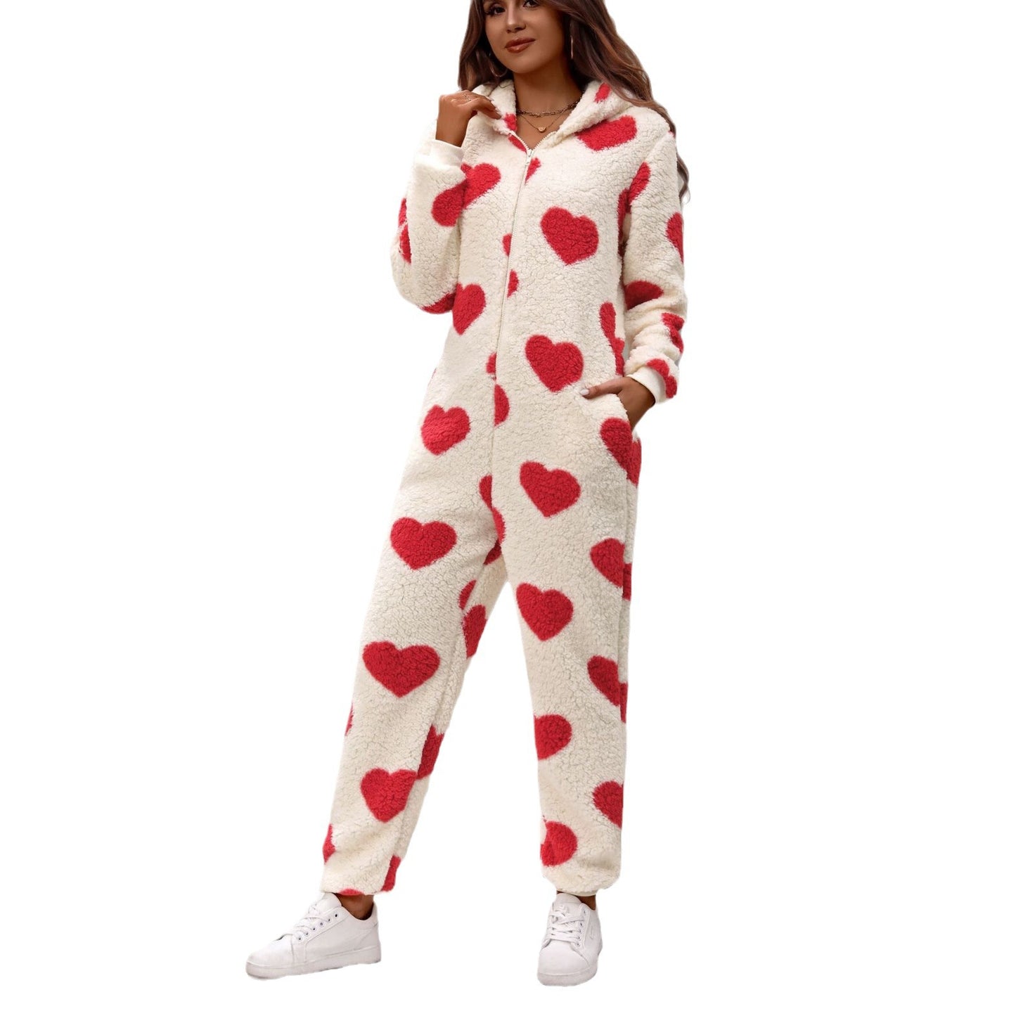 Women's Plush Loving Heart Printed Christmas Hooded Jumpsuits
