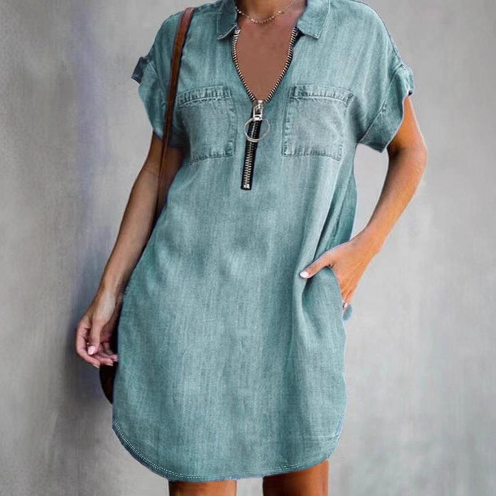 Charming Lapel Sleeve Loose Denim Shirt Dress