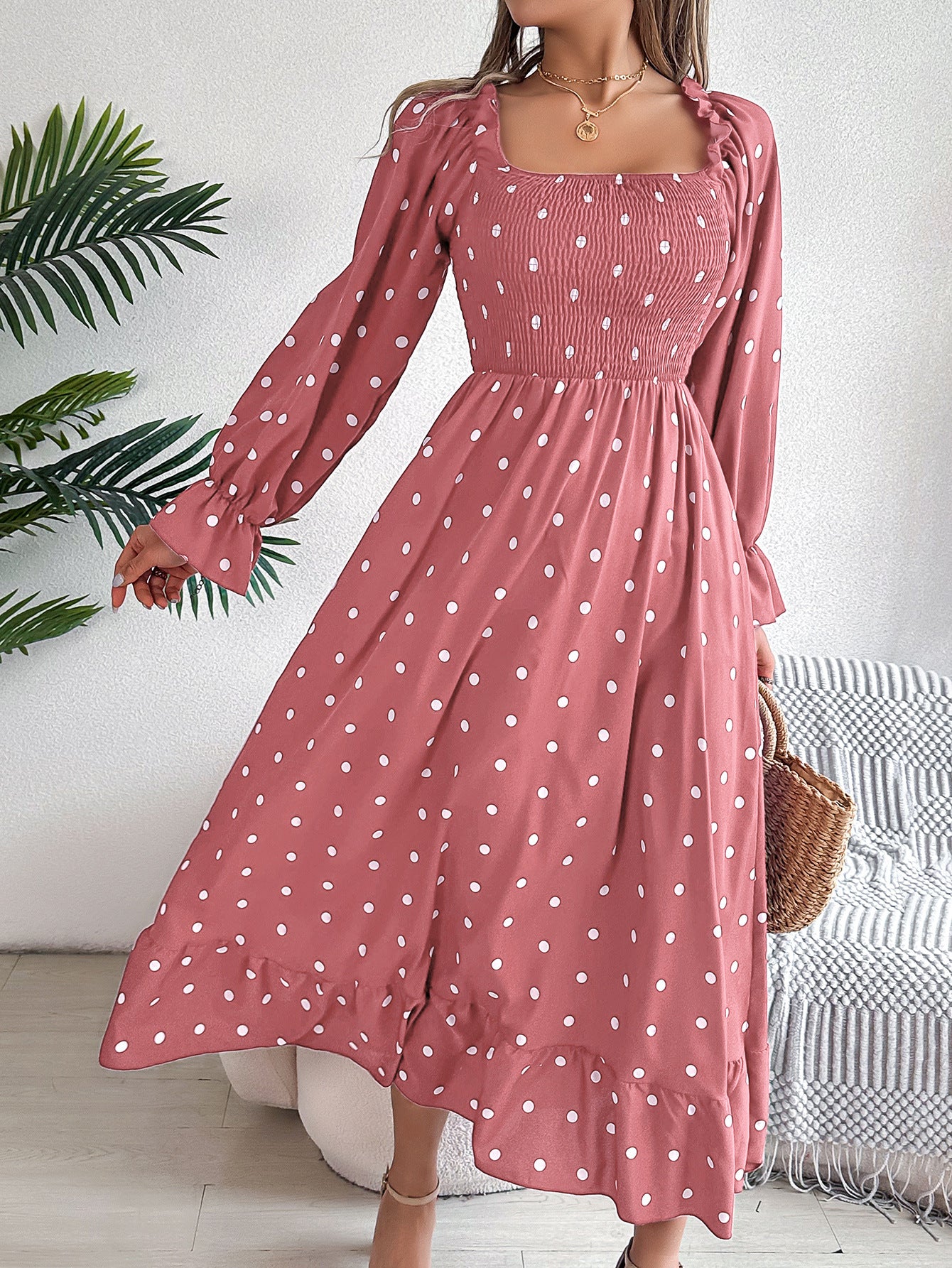 Women's Casual Wooden Ear Square Collar Polka Dot Large Dress
