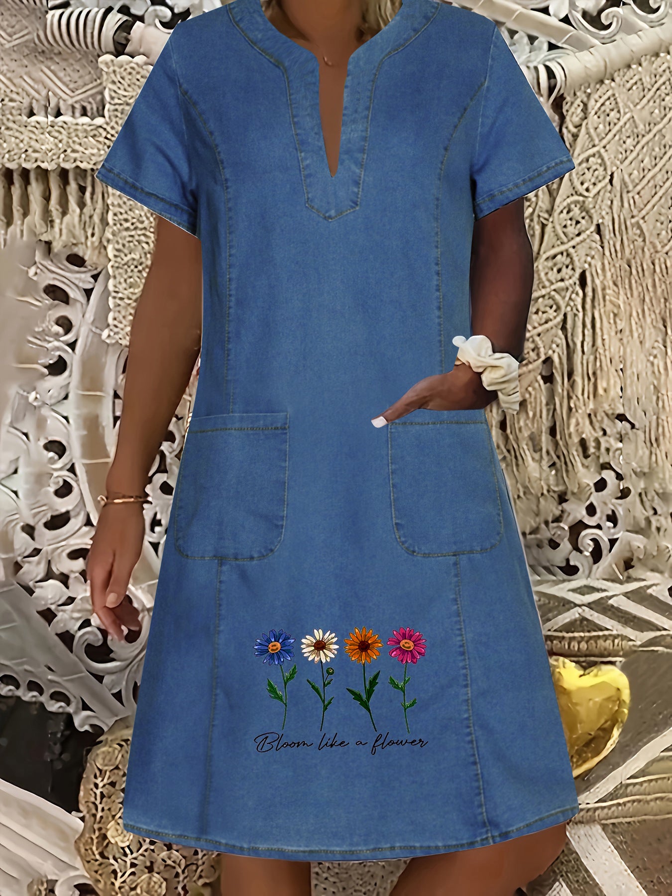 Women's Denim Dress Dark Blue Thin Pocket Dresses