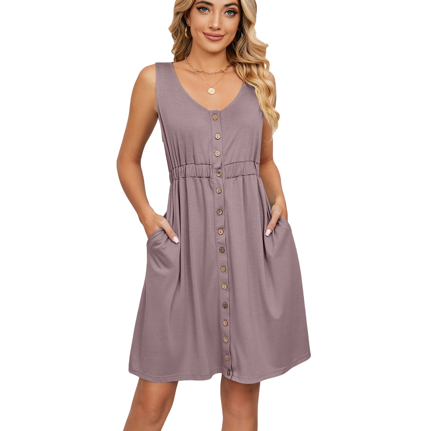 Sleeveless Button Pocket Crew Neck Split Dress