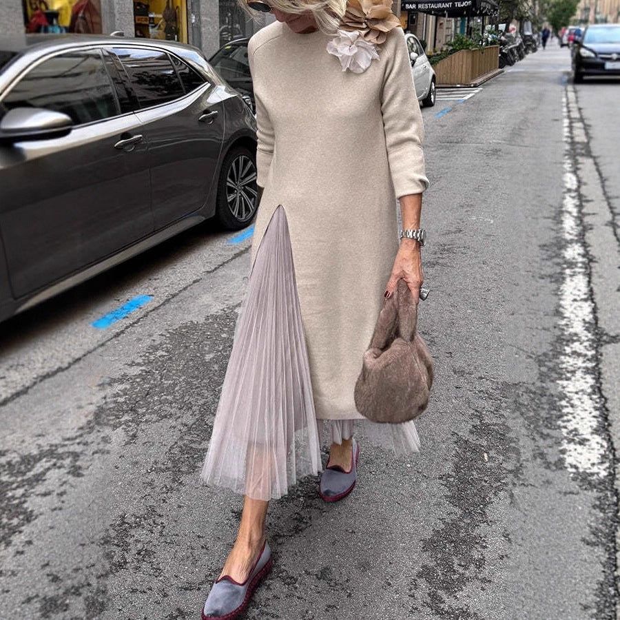 Women's Round Neck Knitted Slit Stitching Mesh Dress