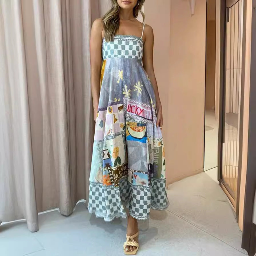 Women's Floral Positioning Burning High Waist Sling Large Swing Dress