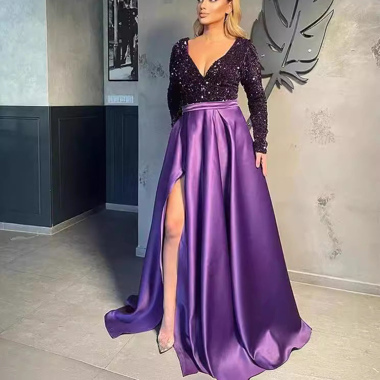 Long Sleeve Sequin Swing Sequined Split Dresses