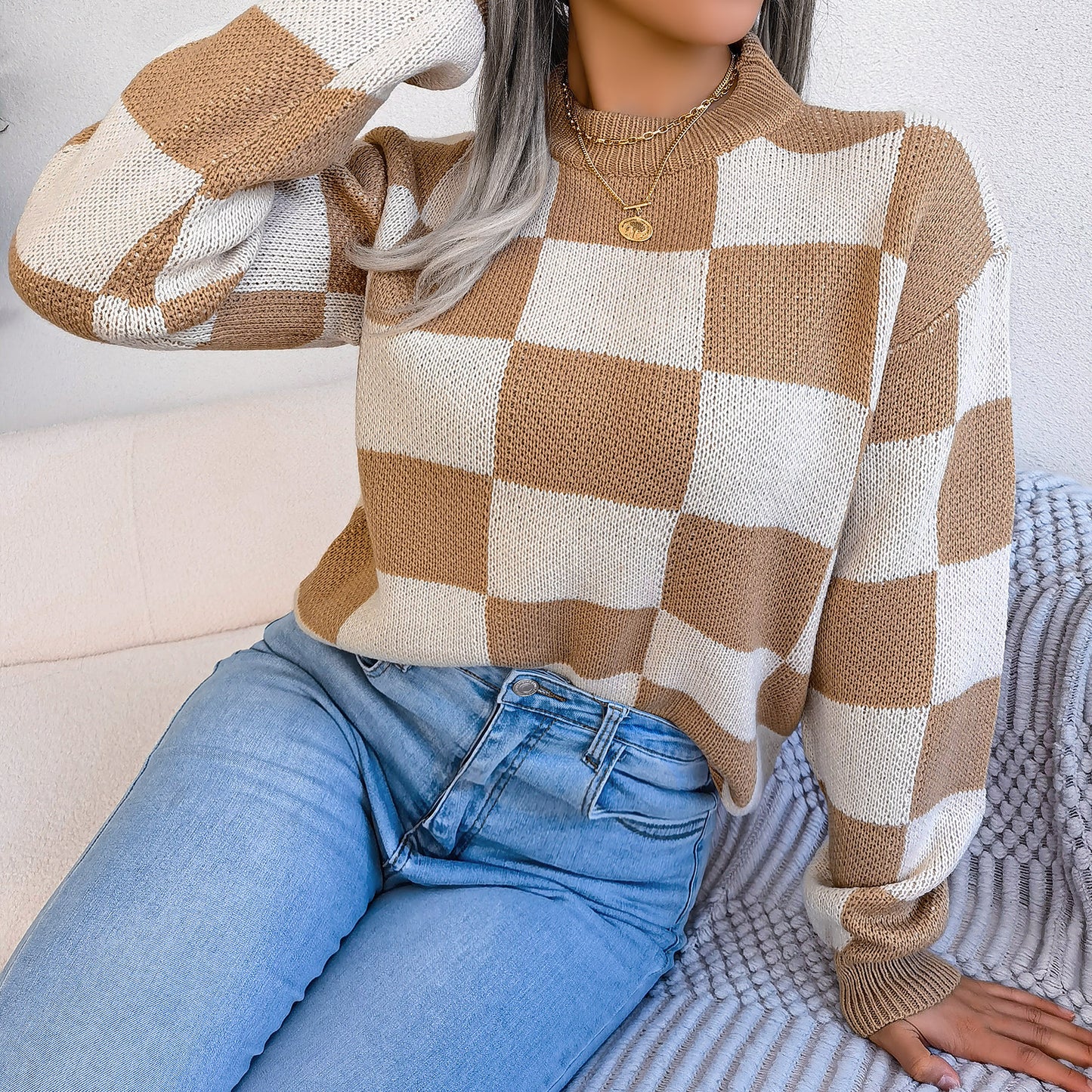 Women's Street Style Check Long Sleeve Pullover Sweater