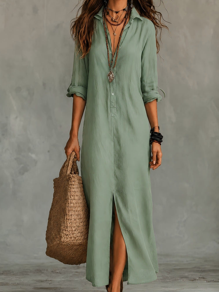 Loose Solid Color Polo Collar Front Rear Dress