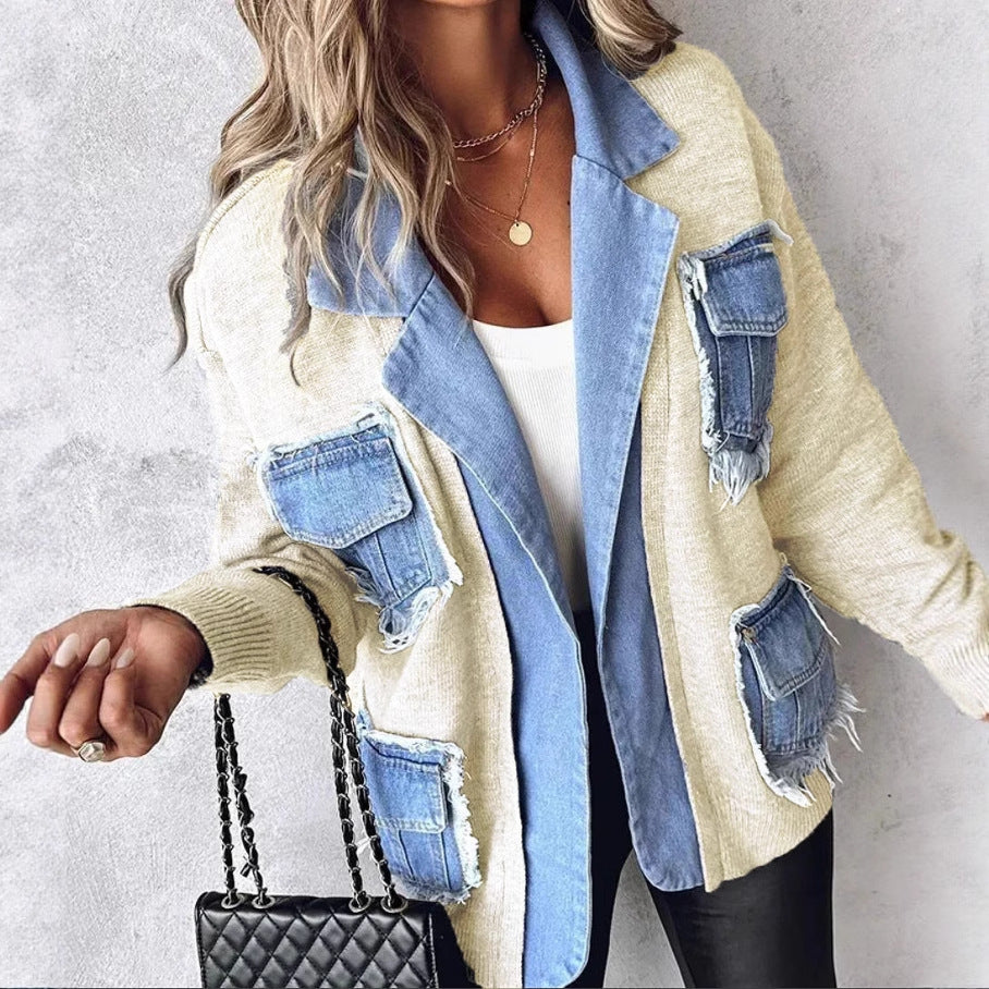 Women's Comfortable Creative Russian Denim Stitching Knitwear