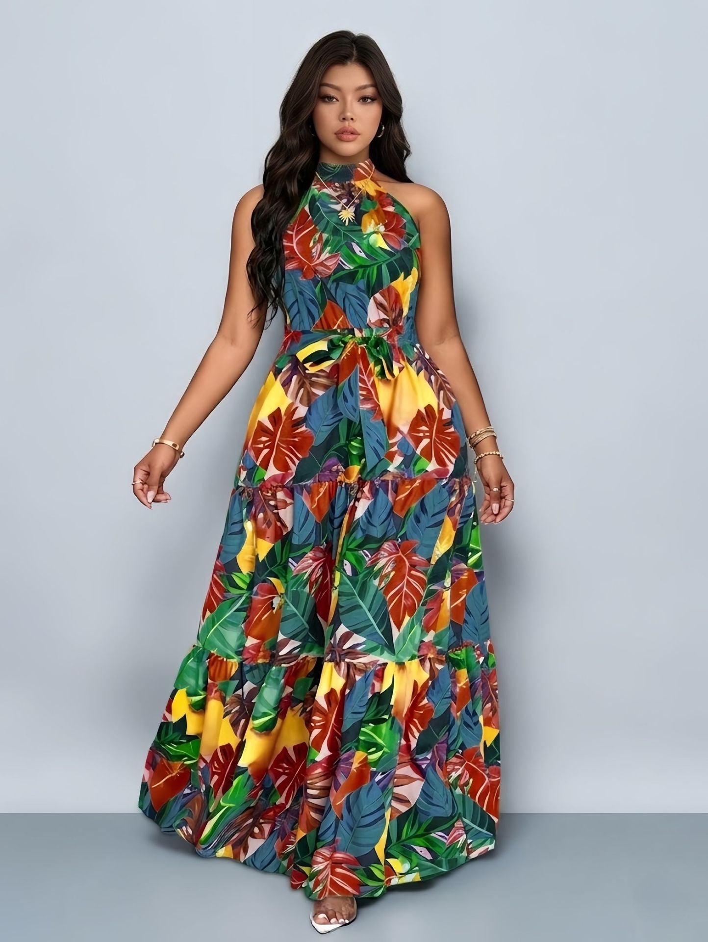 Women's Summer Fashion Sleeveless Halter Printed Waist Dress