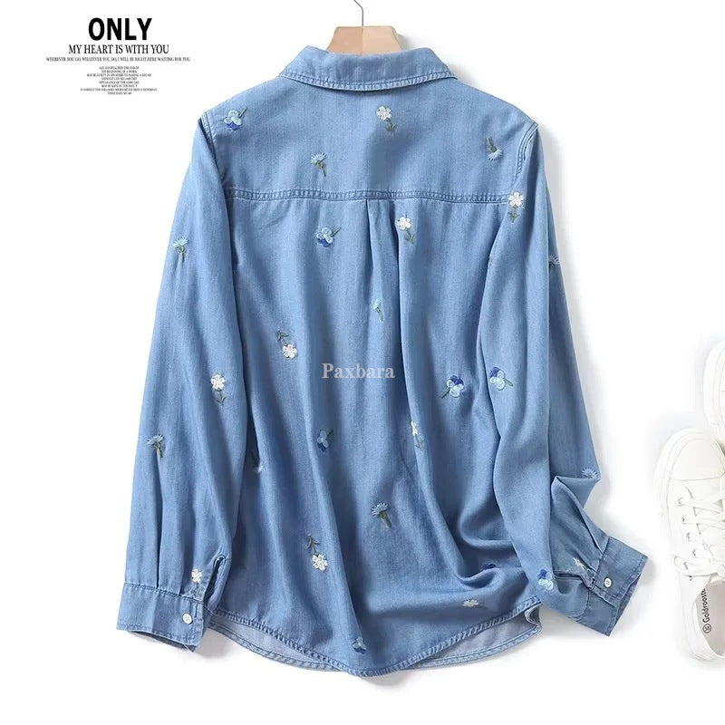 Women's Lapels Single-breasted Flower Embroidered Long Sleeve Blouses