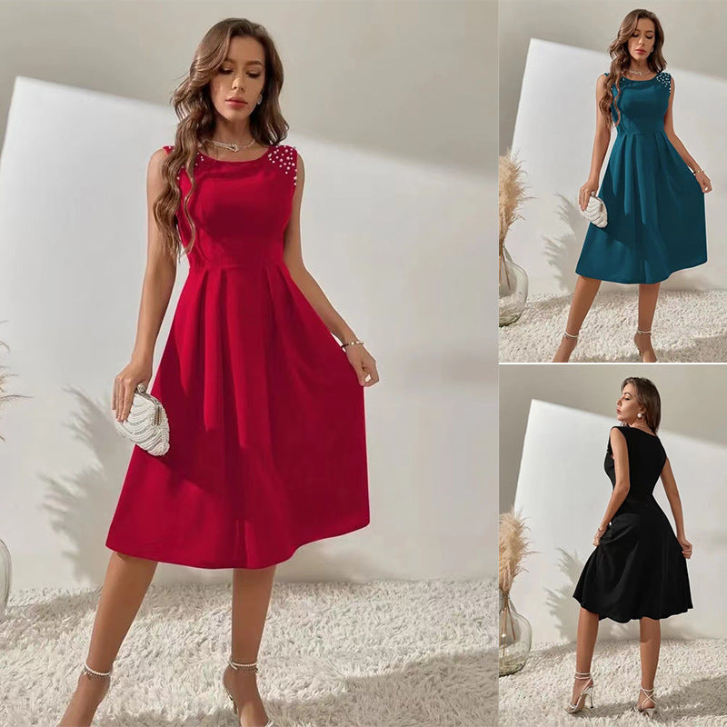 Women's Round Neck Bead Sleeveless Princess Dress