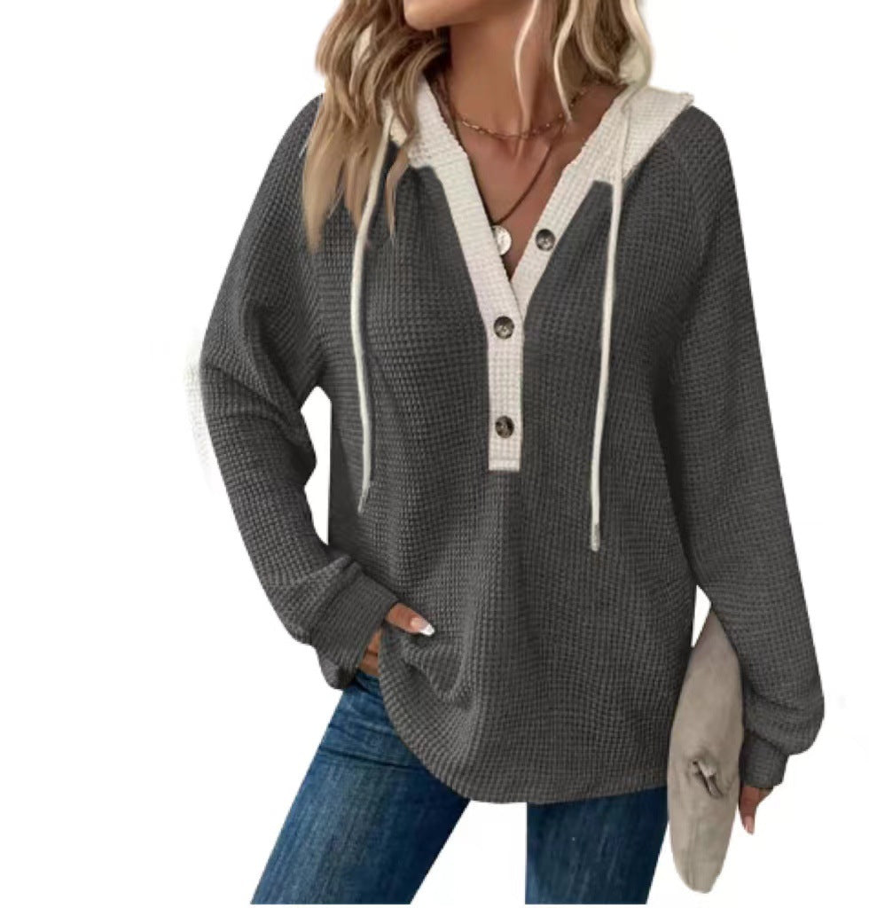Women's Waffle Hooded Button Loose Long Sleeve Matching Women's Sweater, Sweater