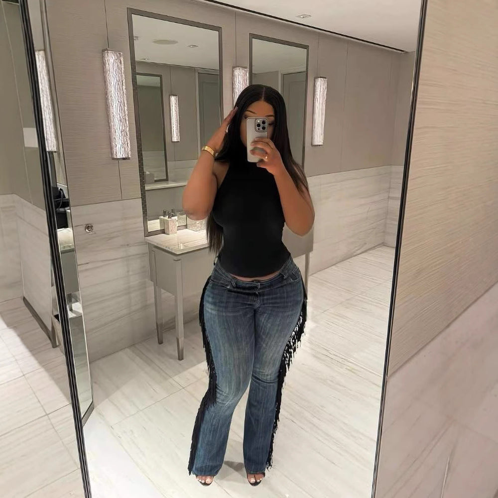 Women's Fashion Vintage Fringe High Waist Straight Jeans