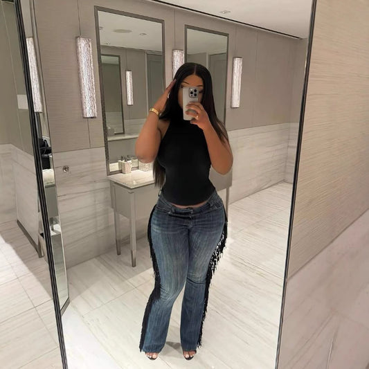Women's Fashion Vintage Fringe High Waist Straight Jeans