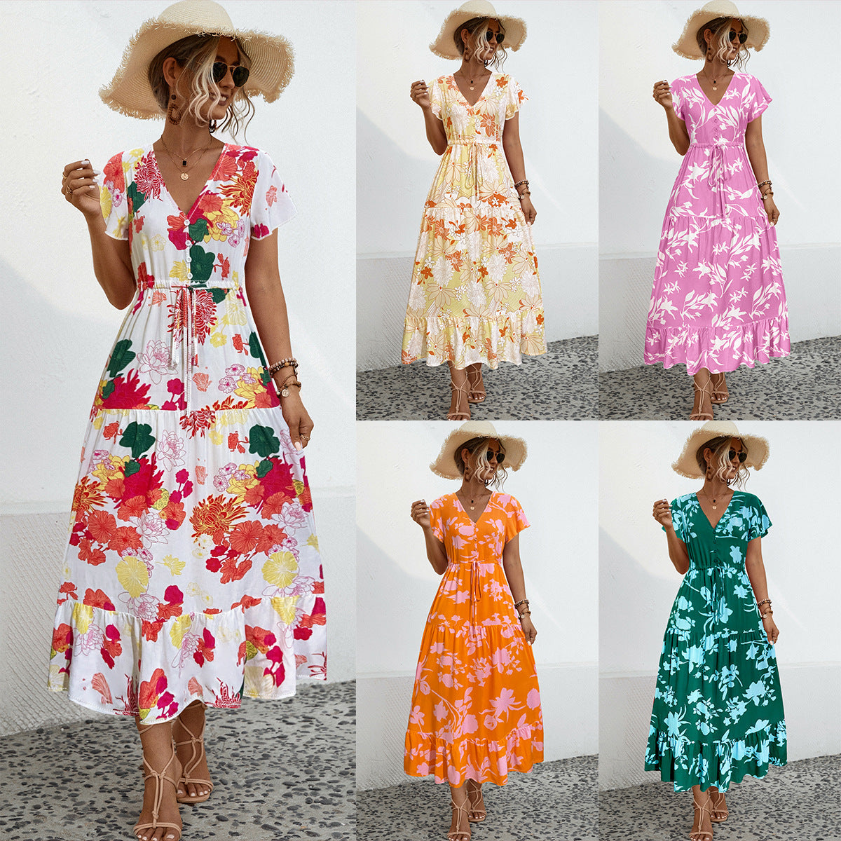 Casual Sleeve Flower Print Button Long Dress