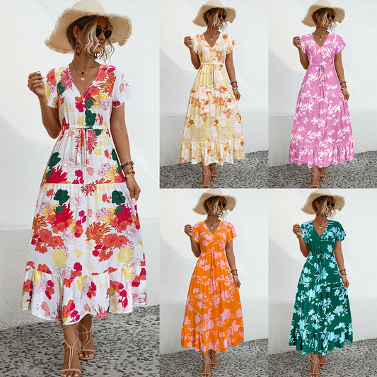 Casual Sleeve Flower Print Button Long Dress