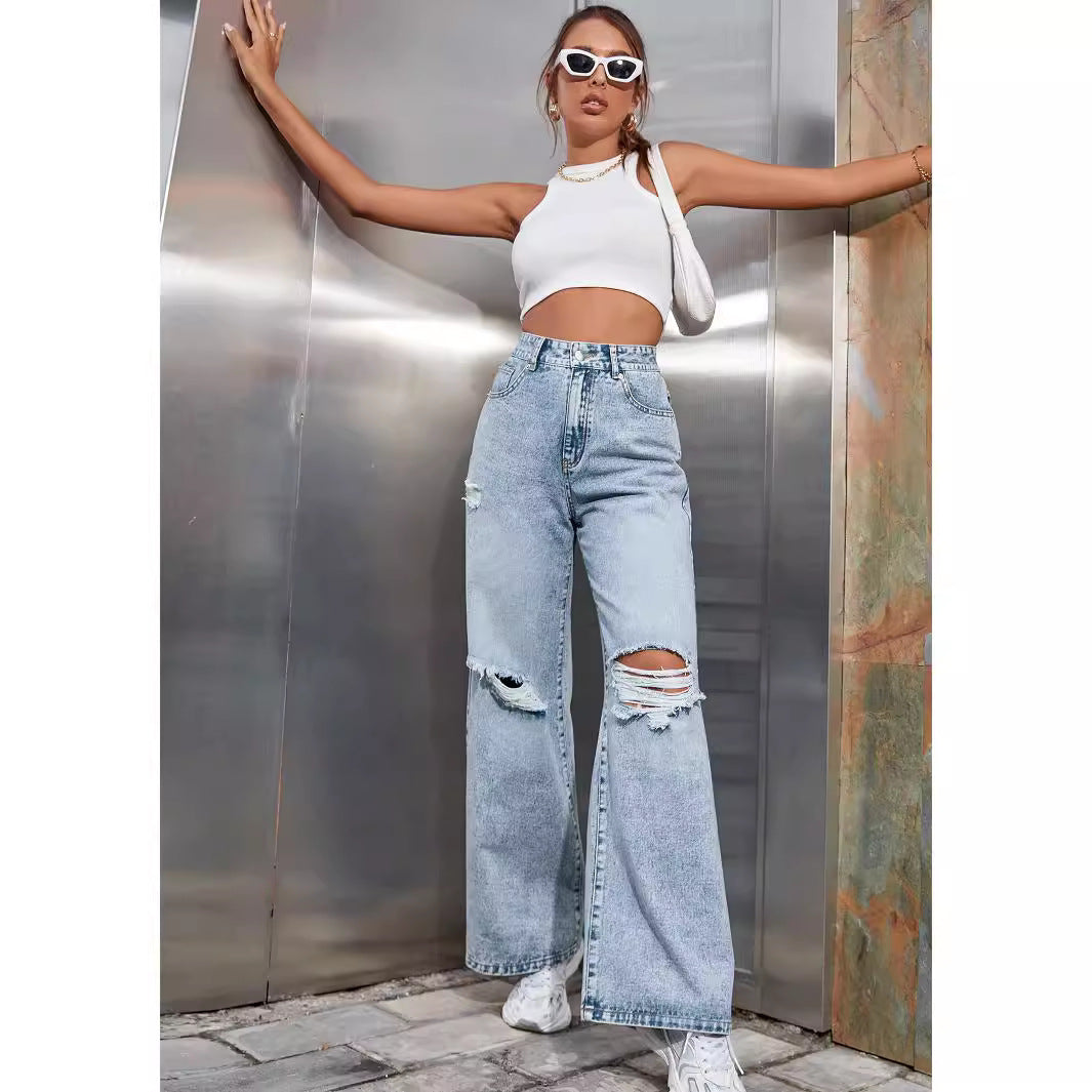Women's Fashion Holes High Waist Wide Leg Jeans
