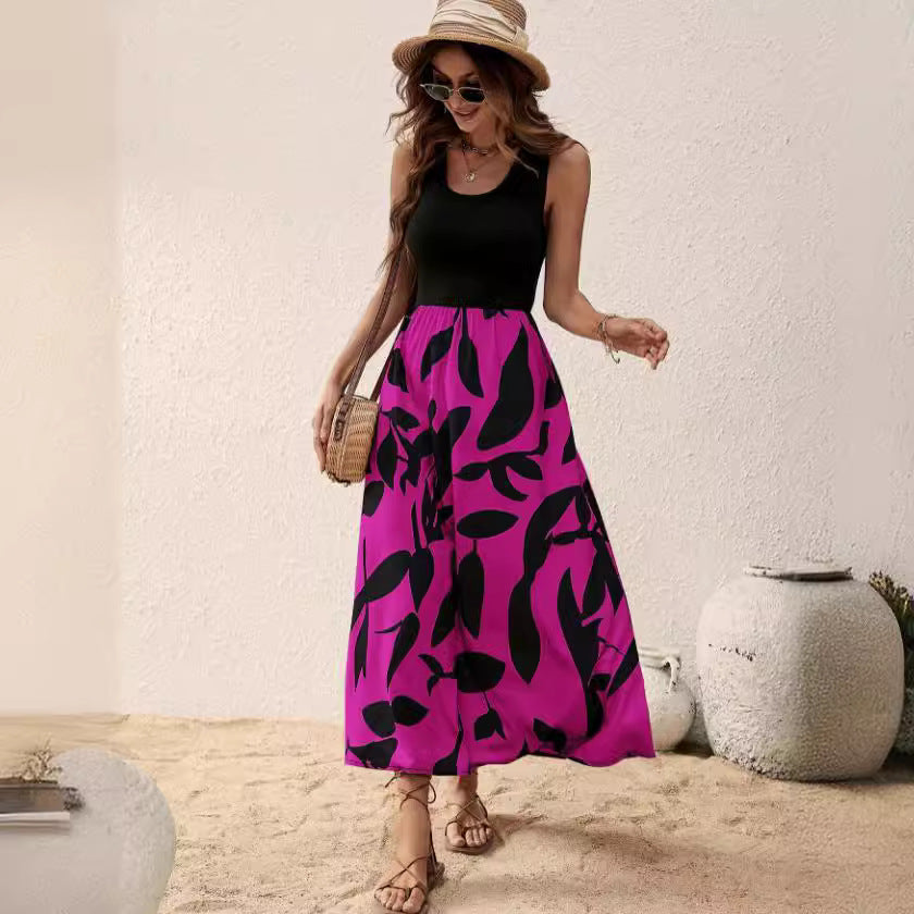 Summer Printed Round Neck Contrast Color Dress