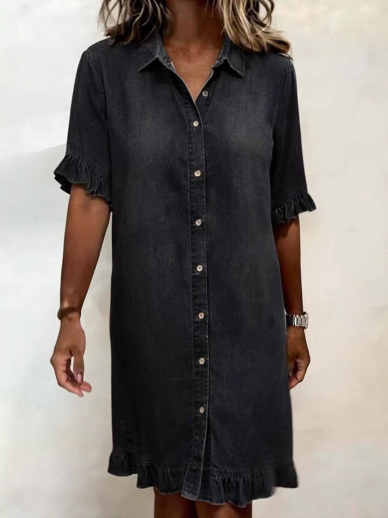 Women's Summer Loose Shirt Denim With Wooden Dress