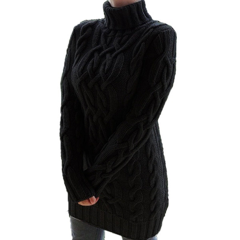 Long Sleeve Slim Knit Dress Solid Color High Neck Thickened Sweater