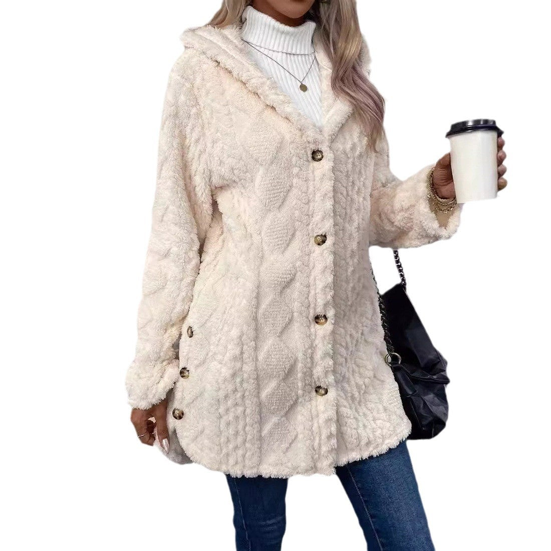 Women's Solid Color Single-breasted Plush Hoodie Fashion Jackets