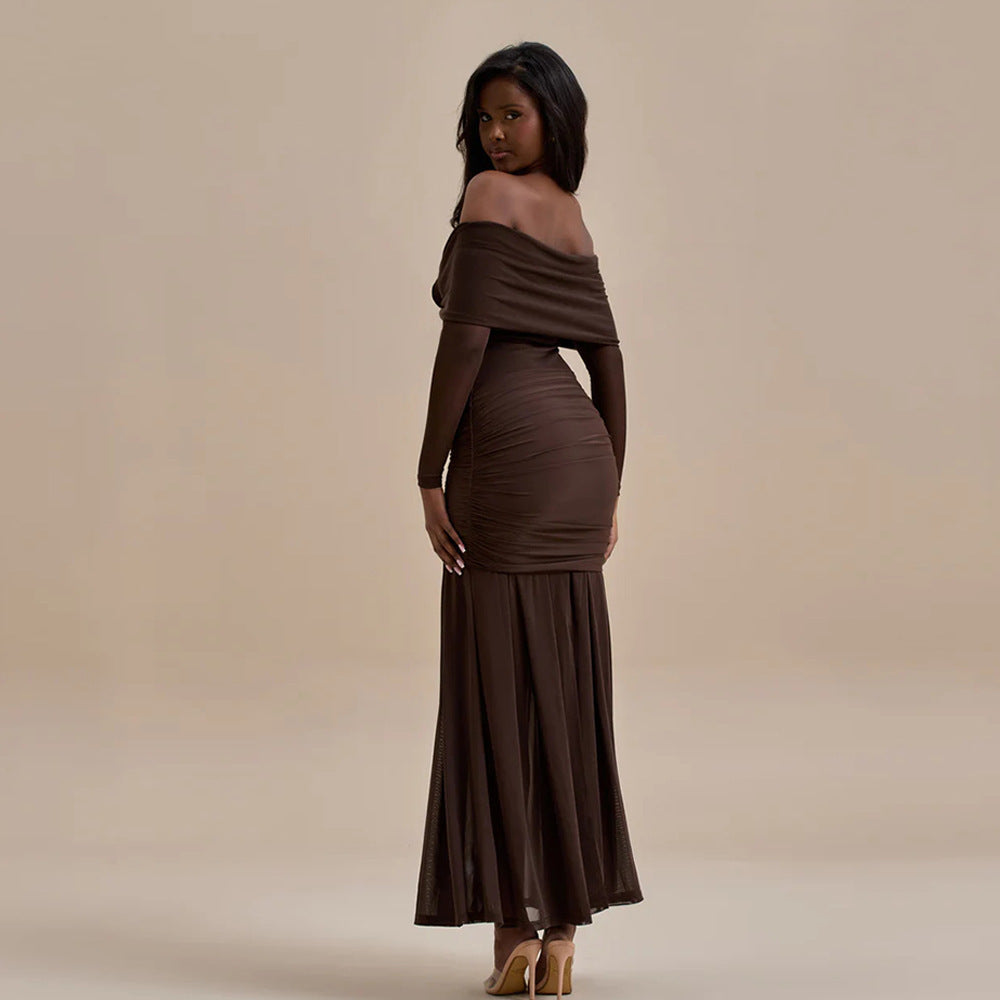Women's Autumn Fashion Flower Decoration Sexy Pleated Dress
