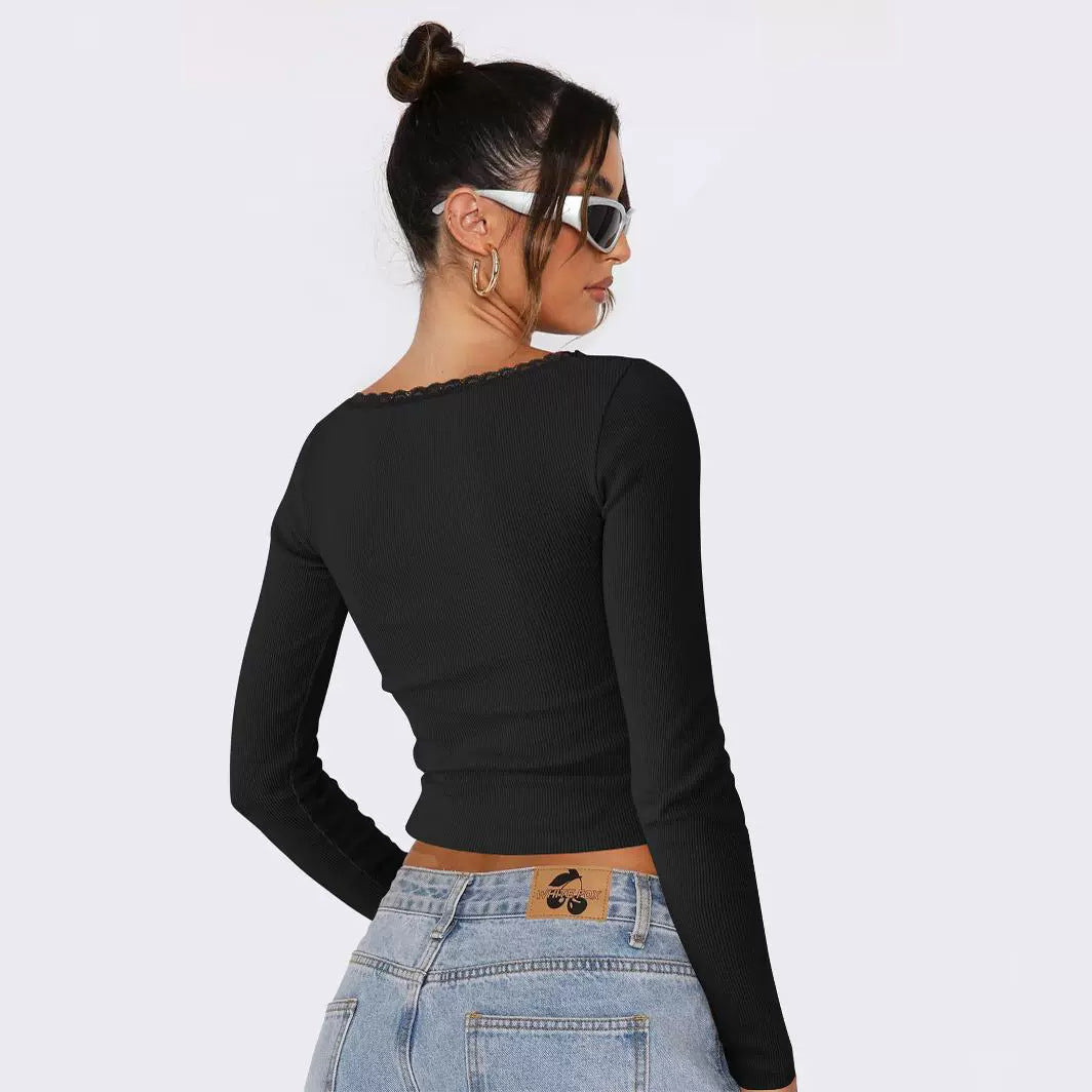 Women's Long-sleeved T-shirt Fashion Slimming Slim Lace Stitching Blouses
